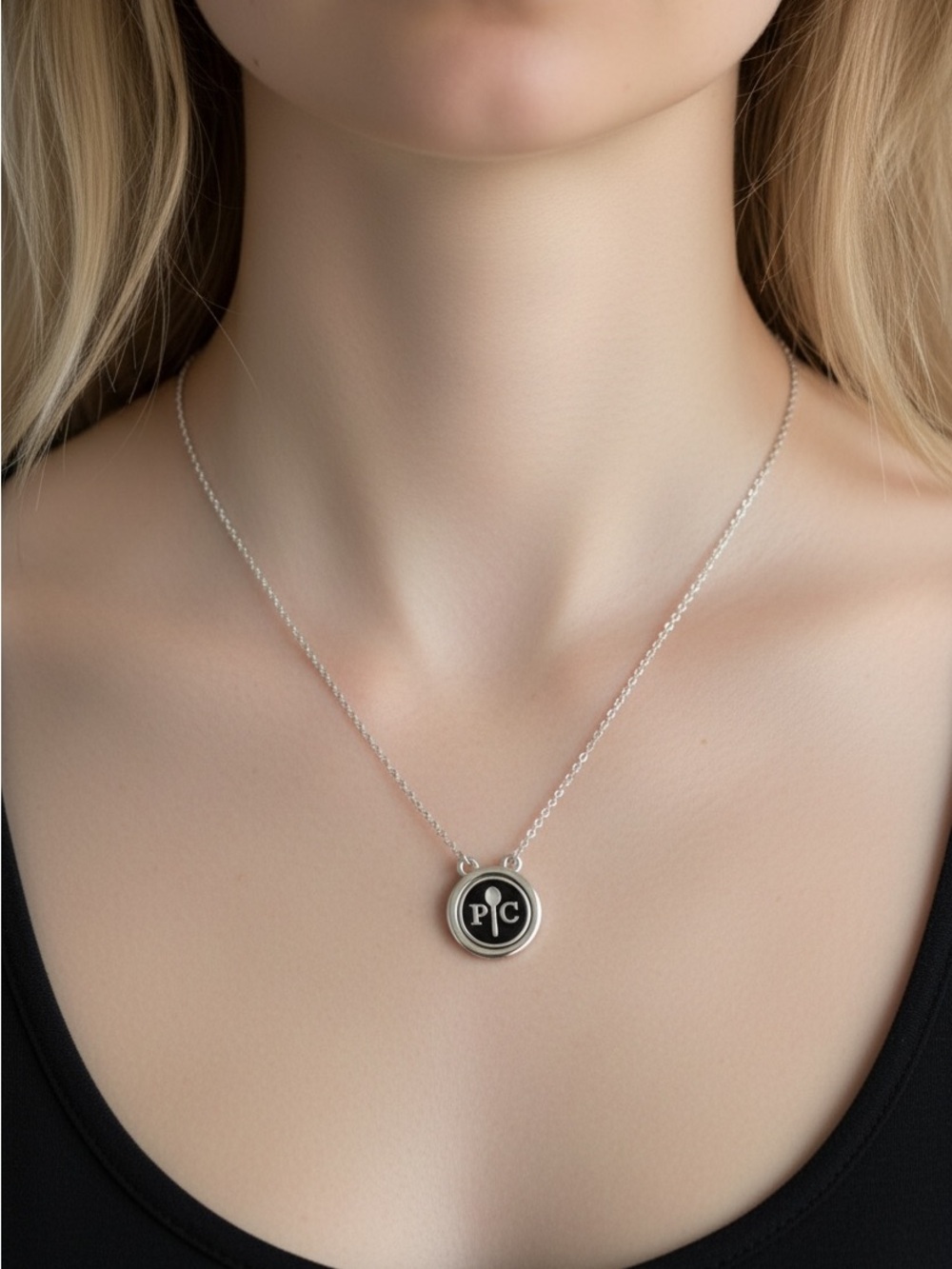 10/1 The Pampered Chef Silver Pendant Necklace with Black Enamel